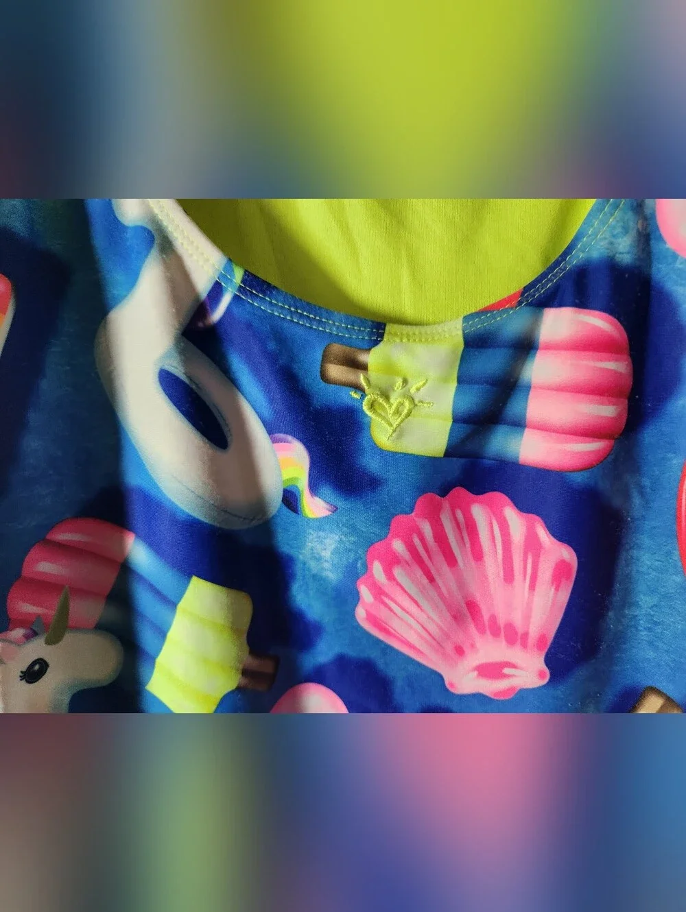 Justice Big Girl Blue Pool Floaty Rainbow Flamingo Popsicle One-Piece Swimsuit